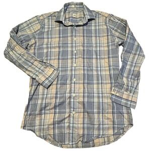 Peter Millar Shirt Mens Medium Blue Tan Plaid‎ Button Long Sleeve Gingham EUC